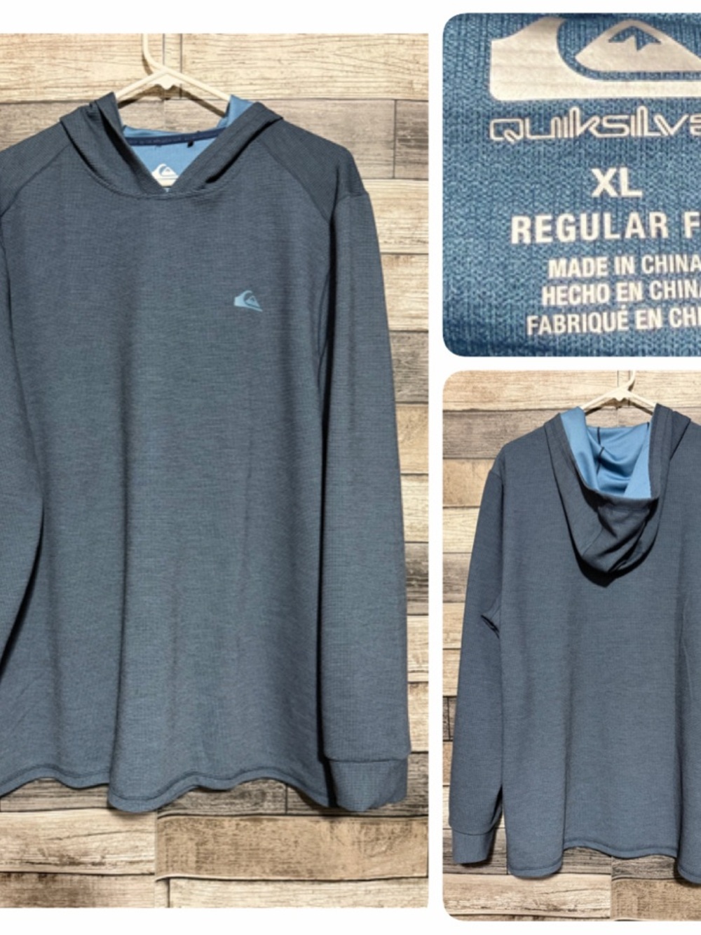 Quicksilver Regular Fit Dry Flight Waffle Knit Hoodie Men XL Blue Gray Pullover